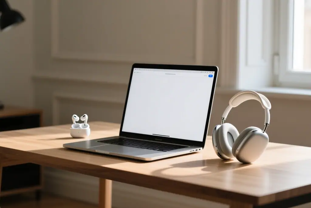 Laptop and headphones on a desk ready for watching an online presentation