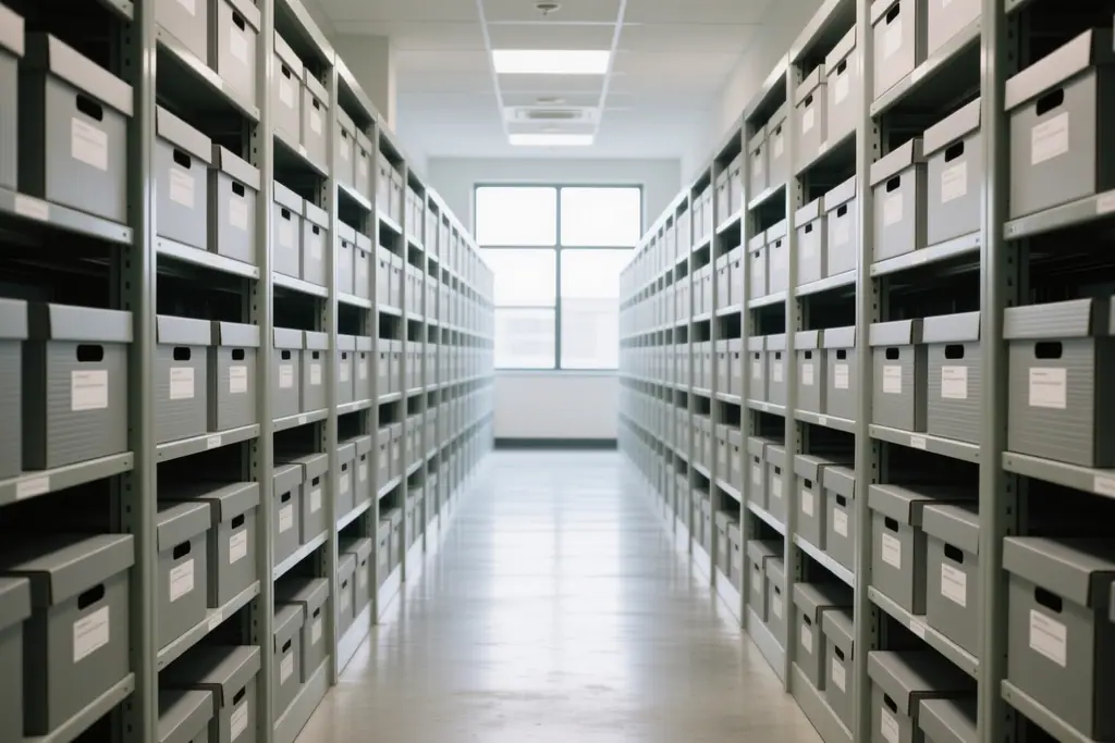 Rows of labelled storage boxes along a hallway in a document storage facility