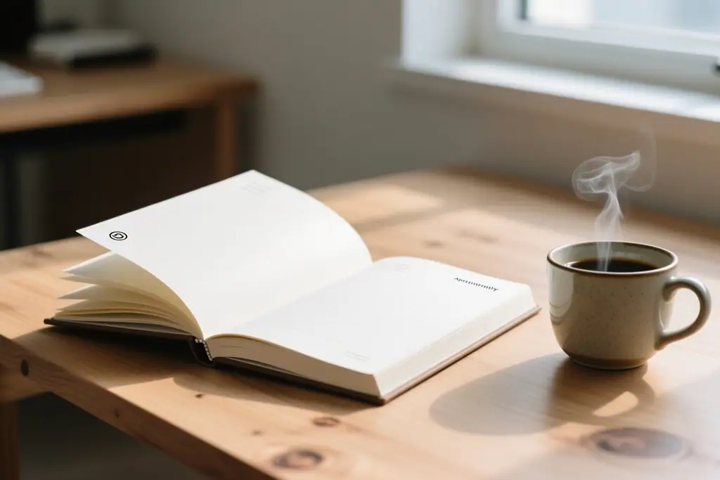 Appointment book open on a desk beside a cup of coffee