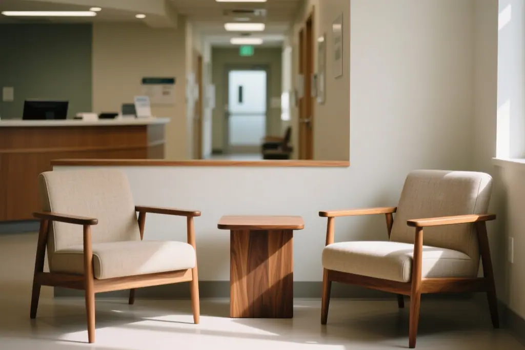 Two chairs and a side table in a quiet clinic waiting corner