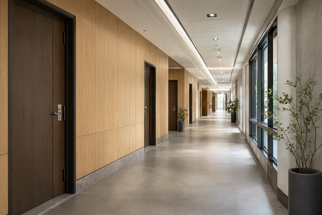 Office corridor with wood doors and soft lighting