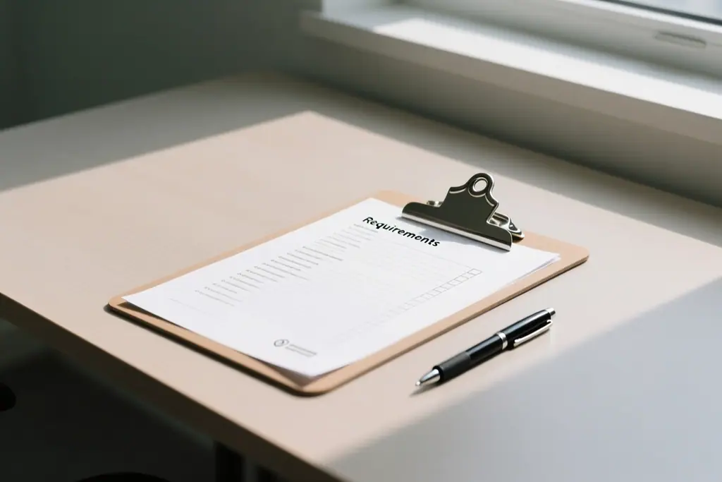Printed requirements checklist with a pen and a clipboard on a plain desk