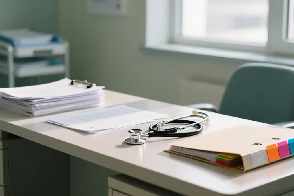 Medical documents, a stethoscope and a folder with coloured tabs on a clinic desk