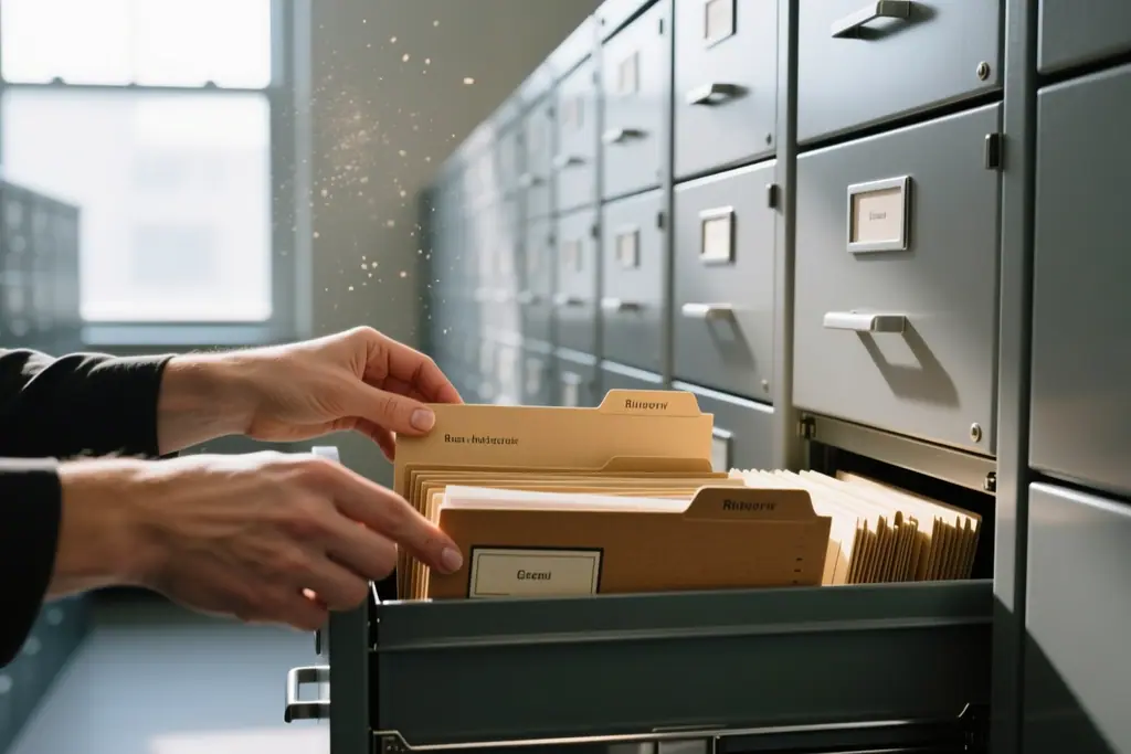 Hands sorting folders in an archive drawer in a records room