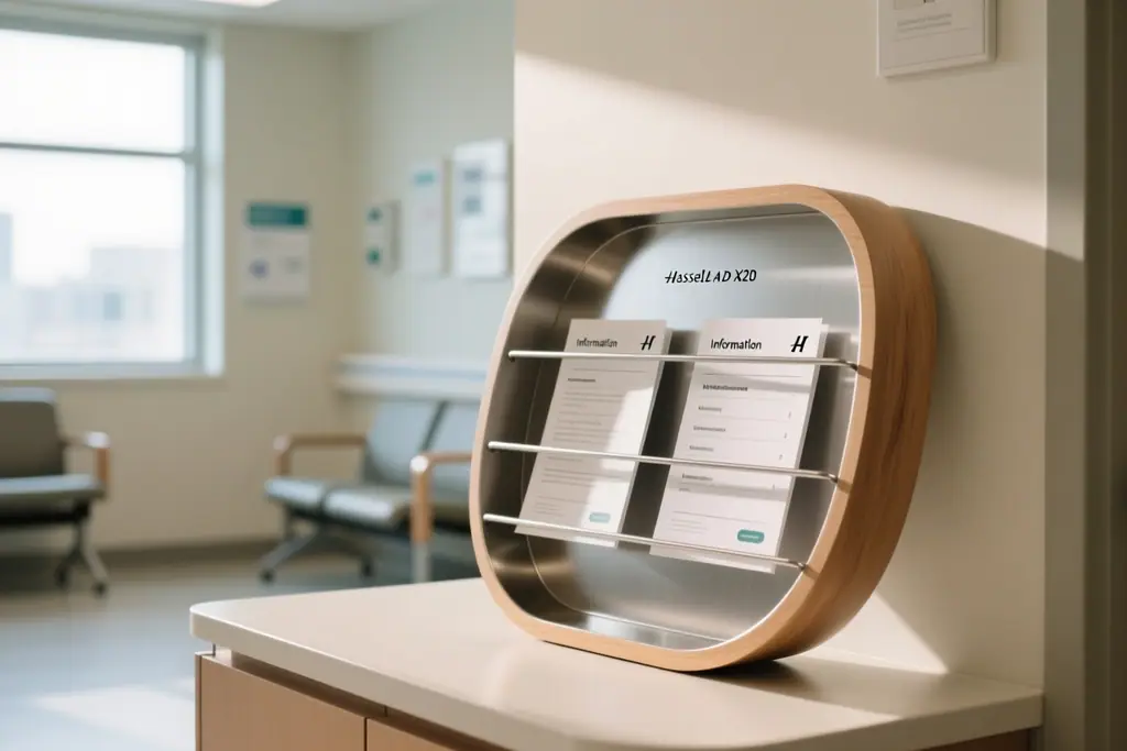 Patient information leaflet rack in a clinic waiting area