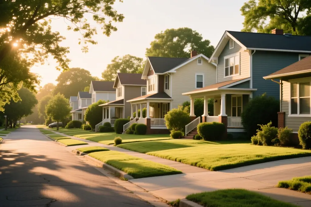 Residential street of family homes in soft afternoon light