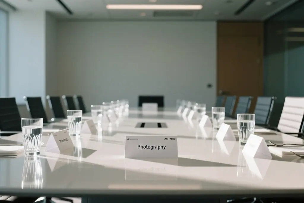 Conference table with name tents and water glasses set for a meeting