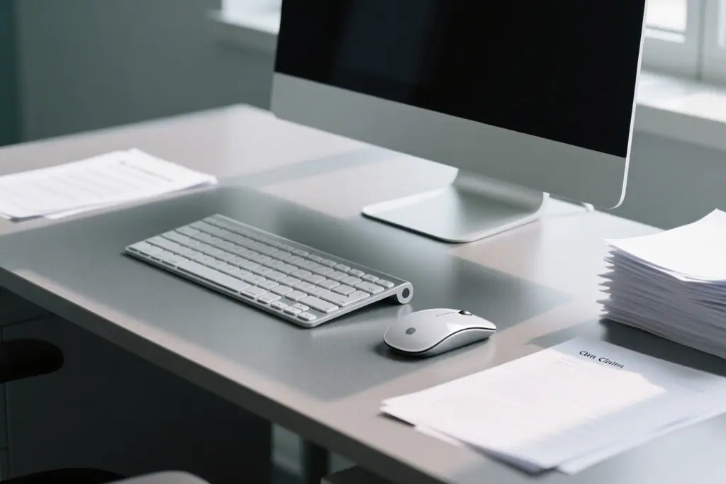 Clinic back office with a keyboard, mouse and stacked paperwork on the desk