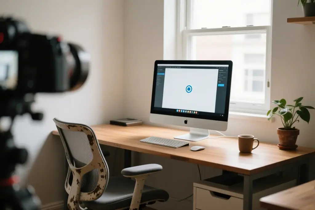 Online training session shown on a desktop screen in a small office