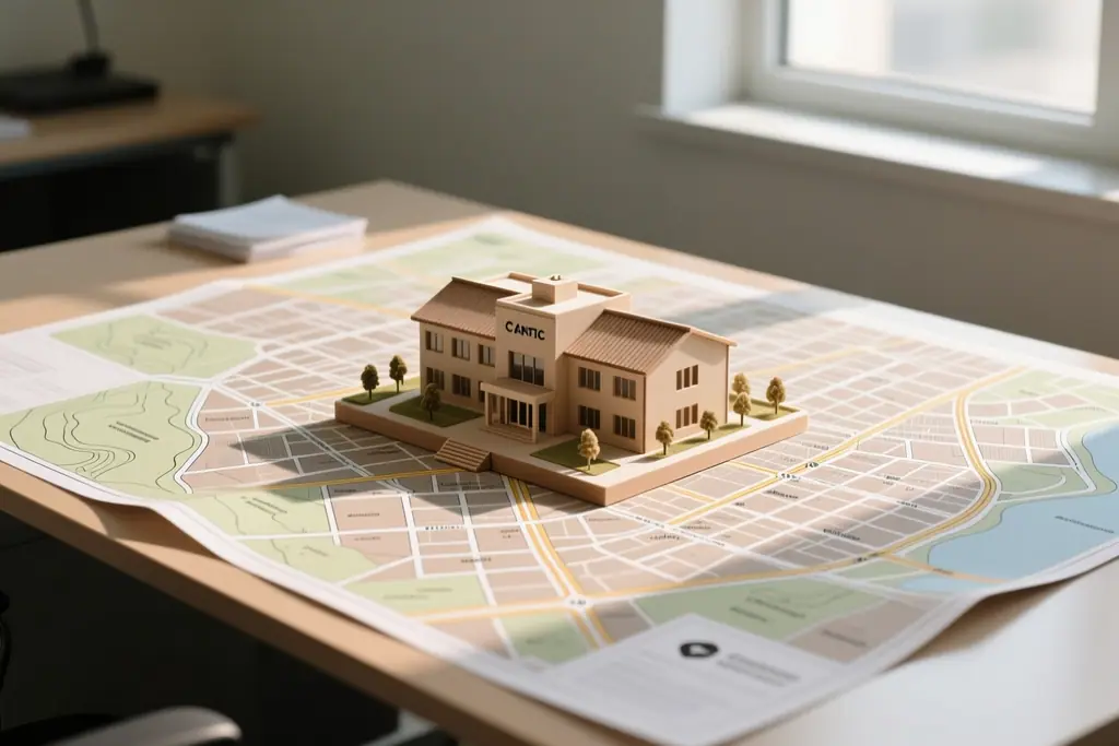 City map and a small model of a clinic building on a planning desk