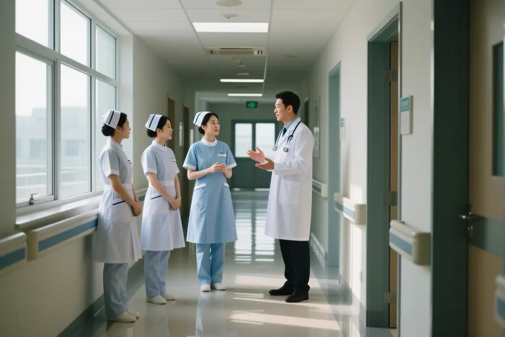 Care team of nurses and a doctor talking in a clinic hallway