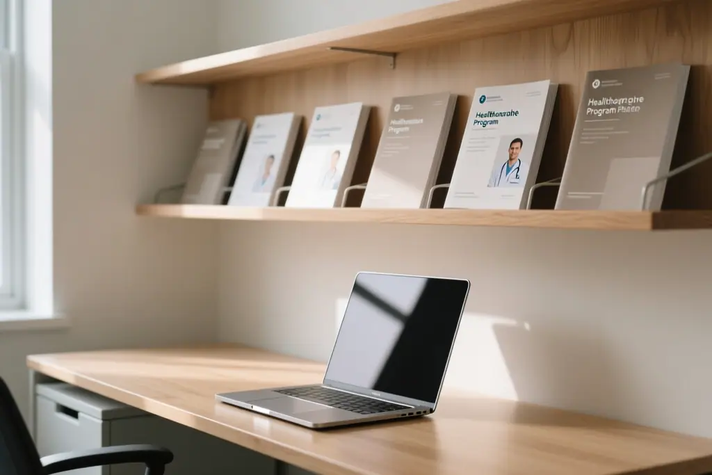 Shelf of healthcare programme manuals beside a laptop in an office