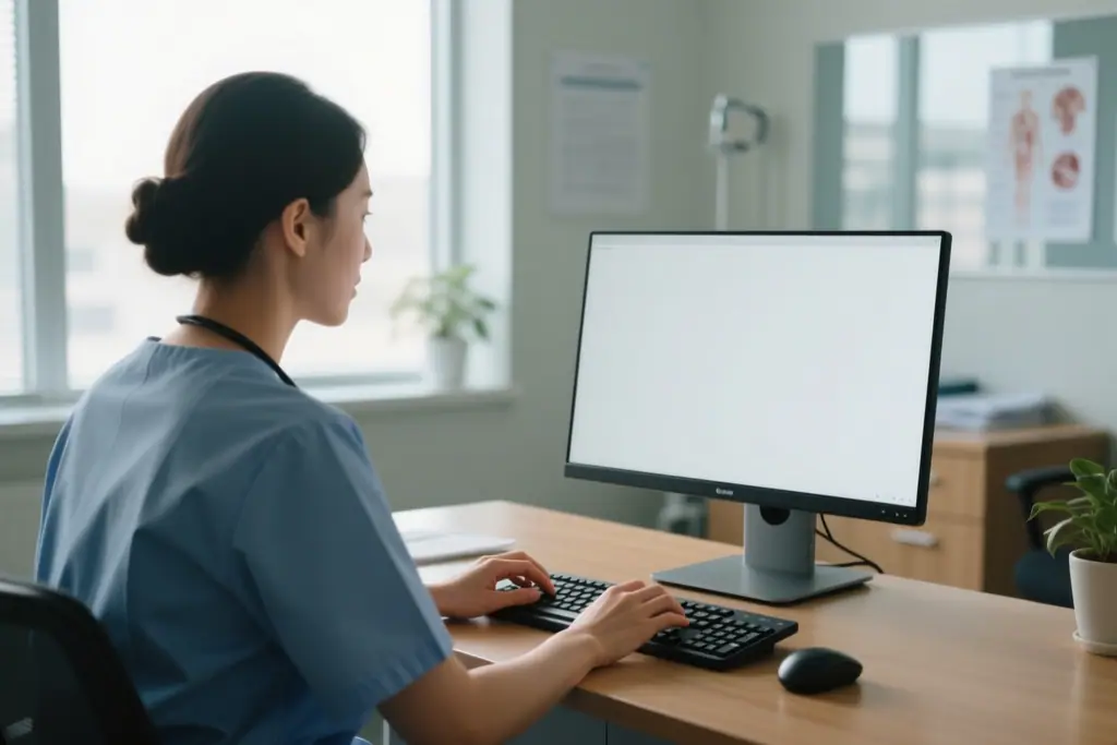 Provider entering data on a desktop computer in a clinic office
