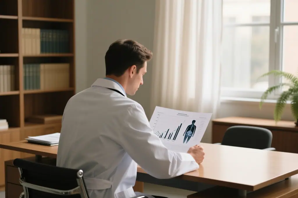 Physician reviewing printed graphs at a desk in a quiet office