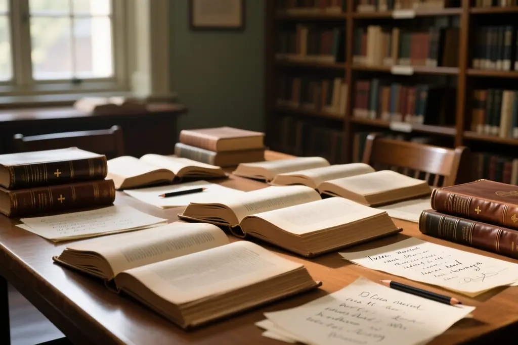 Open medical reference books and notes on a library reading table