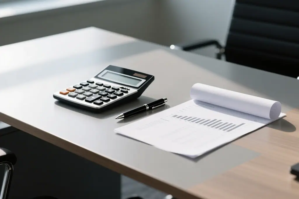 Calculator, pen and spreadsheet printout on a finance office desk