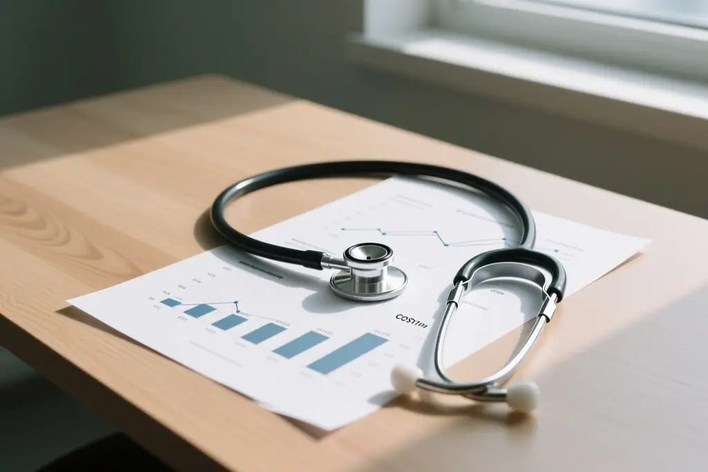 Printed chart of health care costs lying on a desk beside a stethoscope