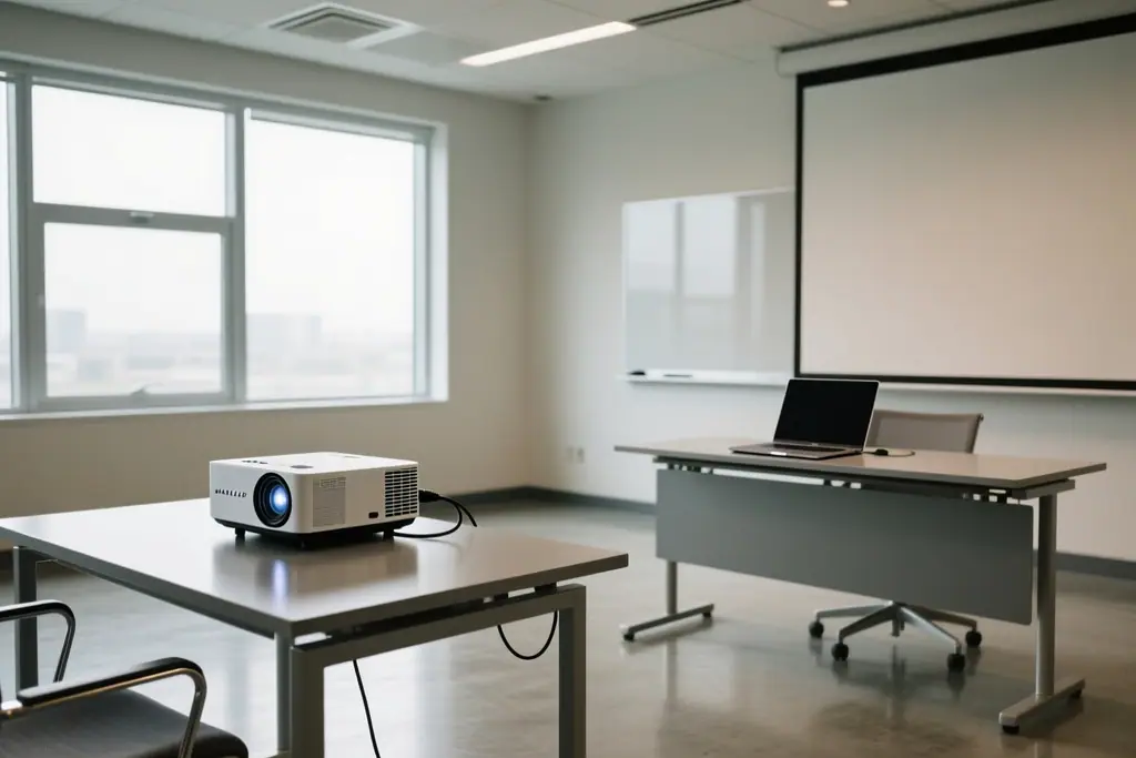 Projector and laptop set up for a training session in an empty conference room
